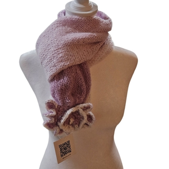 Hand Crafted 2pc Set Scaf & pom pom beanie purple crochet slauchy white striped - Picture 8 of 17